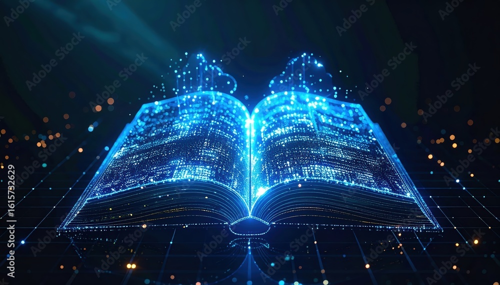 Poster futuristic digital cloud with binary code and data stream in glowing neon colors