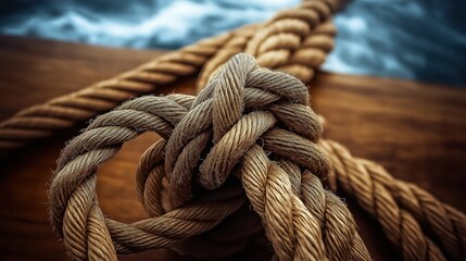 Symbol of strength and resilience: close-up of a thick rope knotted tightly over deep blue ocean water.