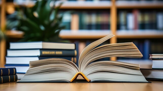 An open book with pages turned, placed on a wooden table in a library setting.