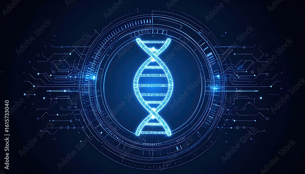 Poster advanced dna double helix icon with circuitry and cyber tech elements in bright blue tones