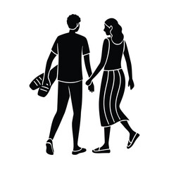 Couple walking hand in hand holding shoes