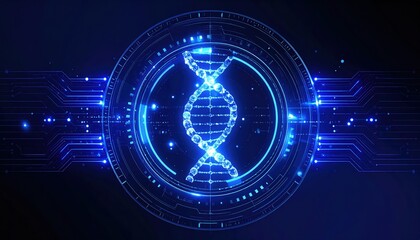 Obraz premium Futuristic Digital DNA Helix with Bright Blue Glowing Effects and High-Tech Interface Elements