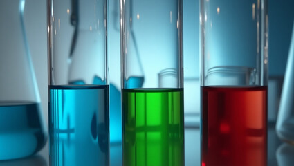 Conceptual image of scientific research with colorful chemical solutions in glass test tubes in a modern laboratory.