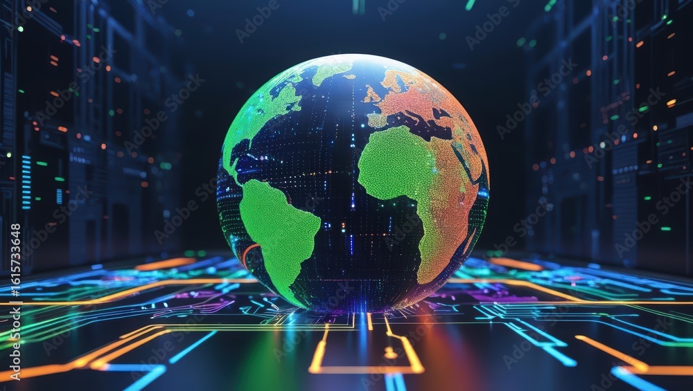 Poster global digital network with bright connecting lines overlaying earth icon in advanced data visualiza