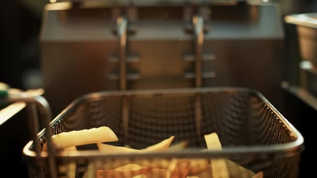 Golden fries falling into a metal fryer basket, kitchen background blurred out of focus