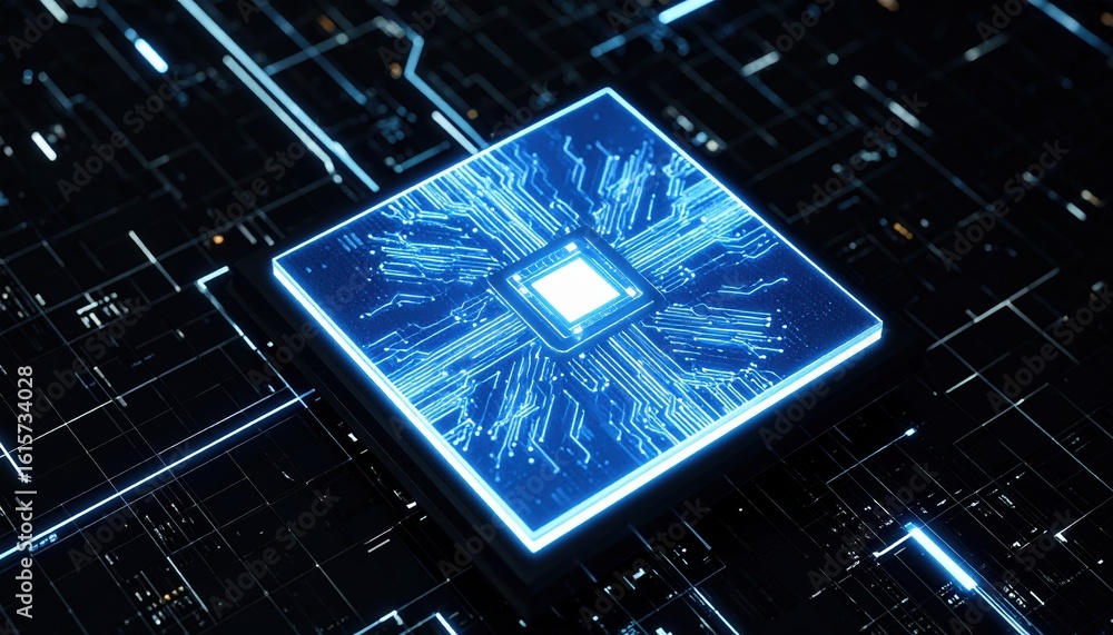 Poster sci-fi interface with blue electric power button and digital lines in dark background
