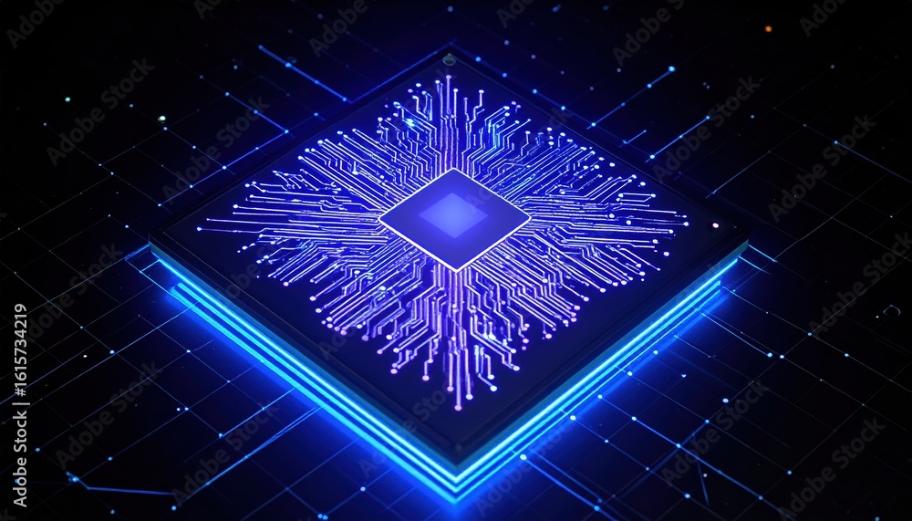 Poster illuminated computer microprocessor on dark background with neon circuit board for tech industry