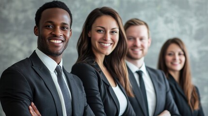 A diverse group of business professionals standing in a row, dressed in formal attire. The individuals are smiling and appear to be in a professional setting.
