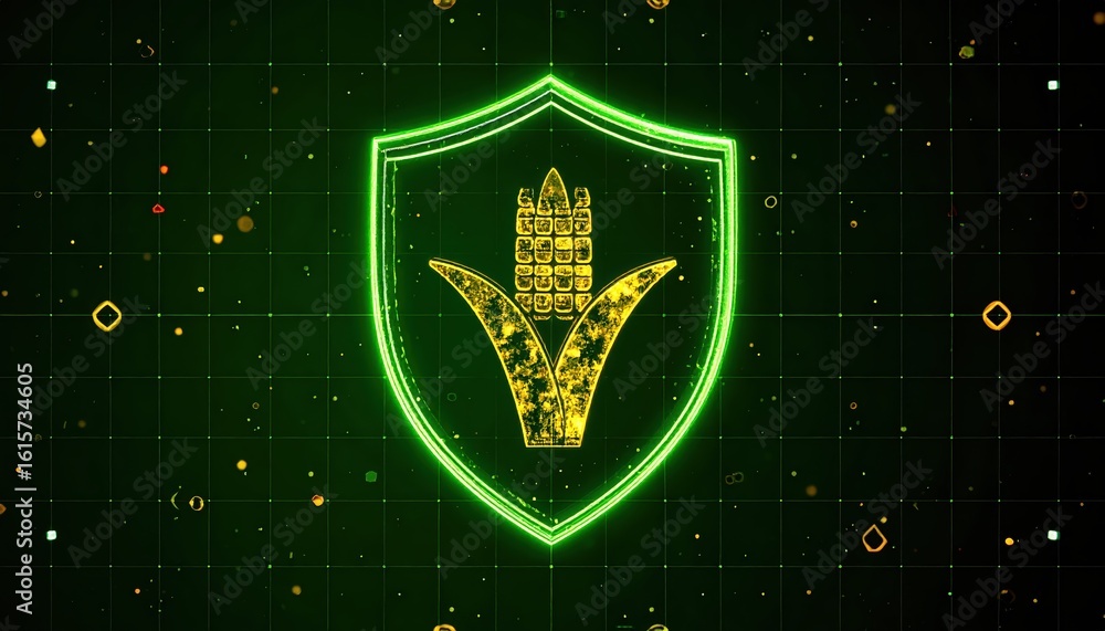 Poster cybersecurity shield with digital green lock and gold checkmark for protection and data security