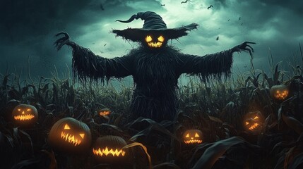 animated spooky scarecrow in a corn field on halloween night. atmospheric chilling background. ai generative