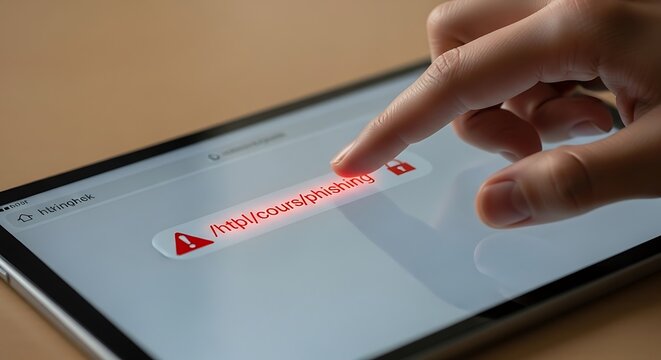 A person identifying a malicious phishing link on a tablet screen, highlighting a cybersecurity awareness concept with a red warning alert.