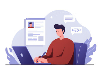 Modern Illustration Of A Man Working Online On Laptop Writing Resume Job Application