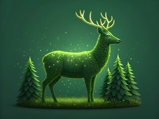 Majestic green deer made of moss and foliage in a mystical forest setting