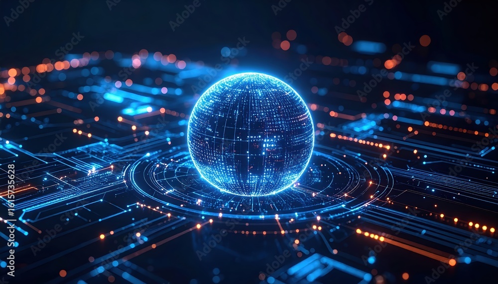 Poster futuristic digital globe with glowing lines and circuits representing global technology and connecti