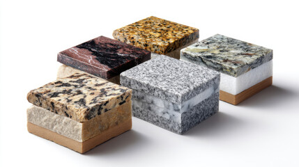 Textured granite and marble rock samples isolated on clean white background for interior design and material references 