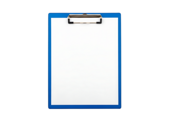 Blank Blue Clipboard with White Paper, Professional Office Supplies, Top View, Minimalist Design, transparent background