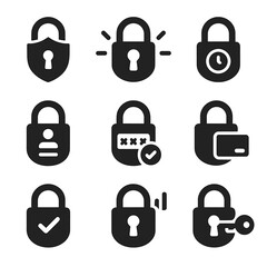 Security Icon Set. Solid style icons of security locks and access: lock with shield, lock with alarm symbol, lock with time delay,