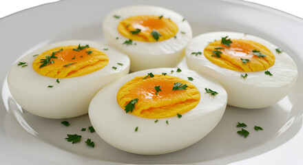 Realistic Photography of Four Halved Boiled Eggs on White Plate with Herbs