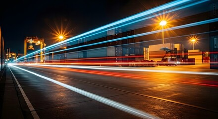 Fototapeta premium Night shot of illuminated cargo yard with motion blur, long exposure lights creating flow lines