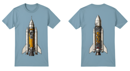 Pixelated Illustration Of A Rocket Design Front And Back On A Blue T-shirt