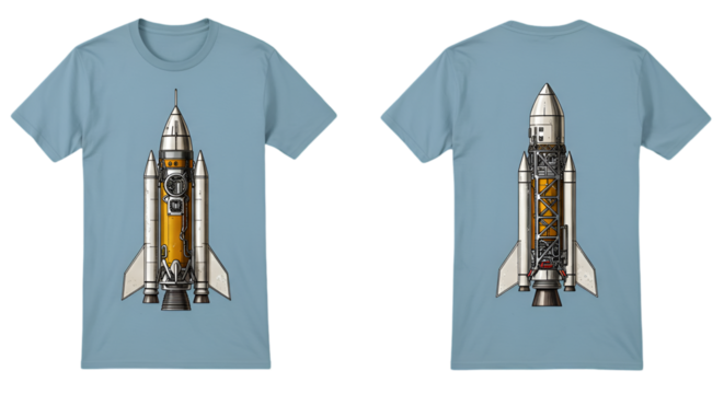 Pixelated Illustration Of A Rocket Design Front And Back On A Blue T-shirt