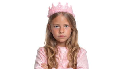 A young princess girl poses in her pink dress and crown, with a serious look at the camera.