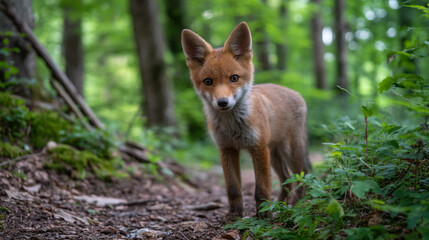 A curious fox cub stands alert on a woodland path surrounded by lush green foliage