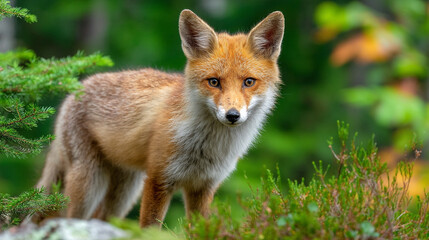 Fototapeta premium A red fox stands in a lush green forest looking directly at the camera with focus