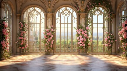 Luxury Palace hall Interior with big windows and walls decorated with frescoes and murals pink roses and flowers compositions. ai generative