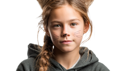 This cute young girl is dressed up with cat ears and whiskers, ready for some fun!