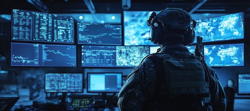 A military operator in tactical gear looks at a control room with multiple screens. Command center and strategy concept