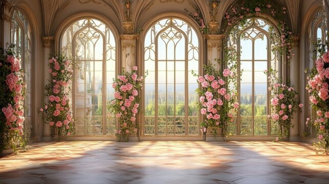 Luxury Palace hall Interior with big windows and walls decorated with frescoes and murals pink roses and flowers compositions. ai generative