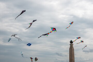  Southsea England - July 27 2025: kites at Portsmouth International Kite Festival July 2025 with Portsmouth Naval Memorial in the background