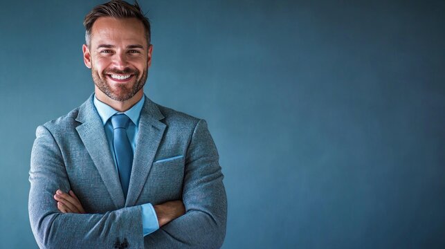 A man in a suit standing against a blue background. The man is smiling and has a beard. The suit is gray and the background is blue.