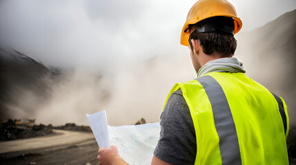 Mining Engineer Holding Blueprint Wearing Yellow Safety Vest Outdoors