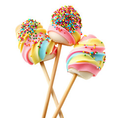 Colorful, swirled chocolate candy pops with sprinkles. Three pops, with light yellow, pink, and light blue swirled chocolate, topped with multicolored sprinkles. Wooden sticks