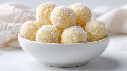 Delicious coconut ladoos a traditional indian sweet dessert for diwali celebrations, Indian Traditional Sweet Motichoor laddoo also known as Boondi Laddu or Motichur Laddoo on a white background