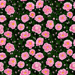 Blooming pink wild rose flowers. Floral seamless pattern.