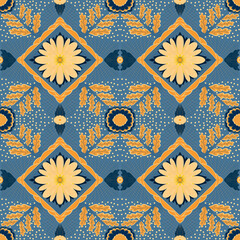 Ethnic abstract autumn seamless pattern with flowers, leaves, lines and dots.