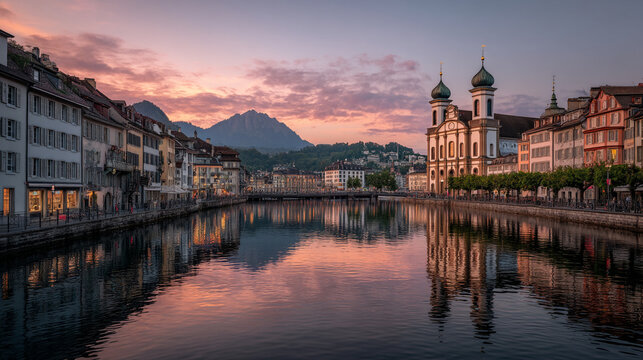 View of lucerne city at sunset with reflections on the reuss river in switzerland