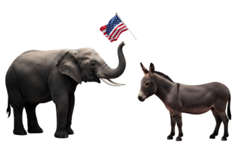Political Illustration Of Elephant Holding American Flag Near Donkey