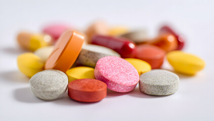 Pile of assorted colorful pills and tablets in various shapes and sizes arranged on a clean white background, close-up with soft lighting highlighting texture and color