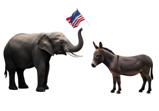 Political Illustration Of Elephant Holding American Flag Near Donkey - Powered by Adobe