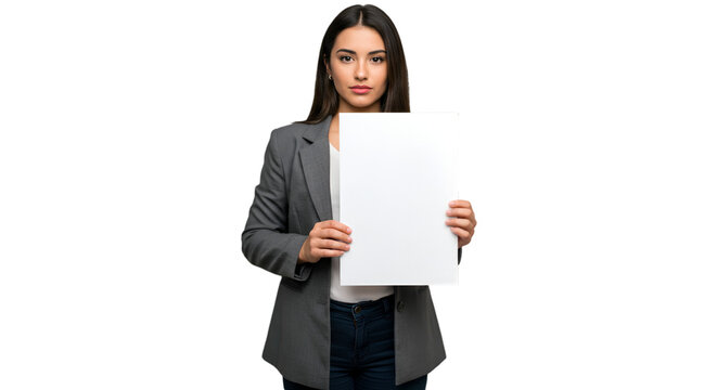 Portrait Of A Woman Holding A Blank Sign Isolated On Black Background