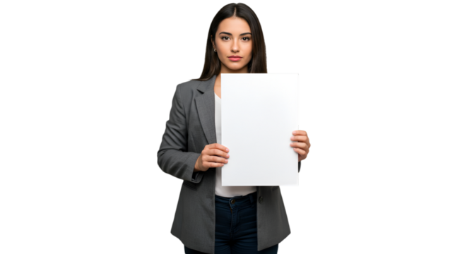 Portrait Of A Woman Holding A Blank Sign Isolated On Black Background