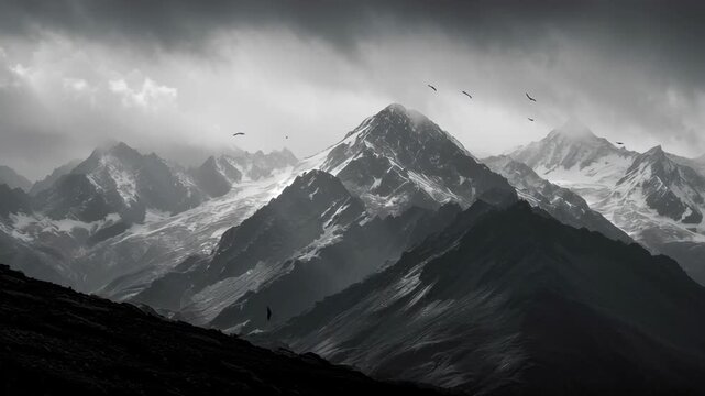 Majestic Mountain Range with Mist Shrouded Peaks and Dramatic Sky Creating Mysterious Landscape