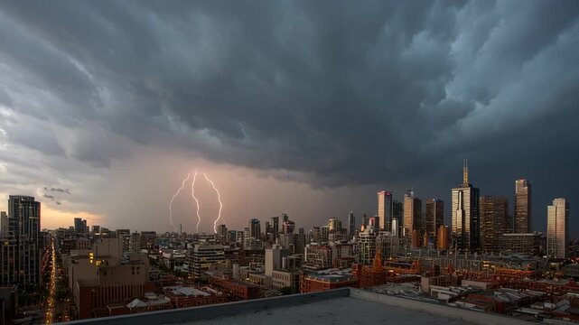 Dramatic City Skyline with Dark Storm Clouds and Lightning Over Urban Buildings, Capturing Intensity of Stormy Night