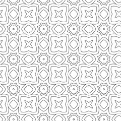 Intricate monochrome seamless pattern featuring elegant geometric and floral shapes. Abstract black and white line art illustration for backgrounds, textiles, and coloring pages.