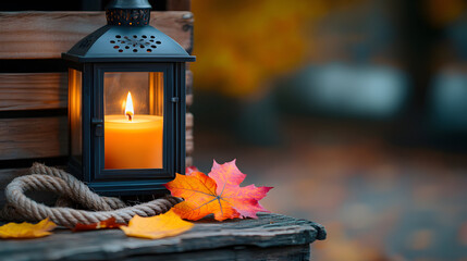 Lit candle lantern with autumn leaves on wooden surface
