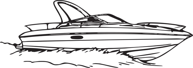 Sleek Modern Motorboat Gliding Smoothly on Water Minimalist Black and White Illustration